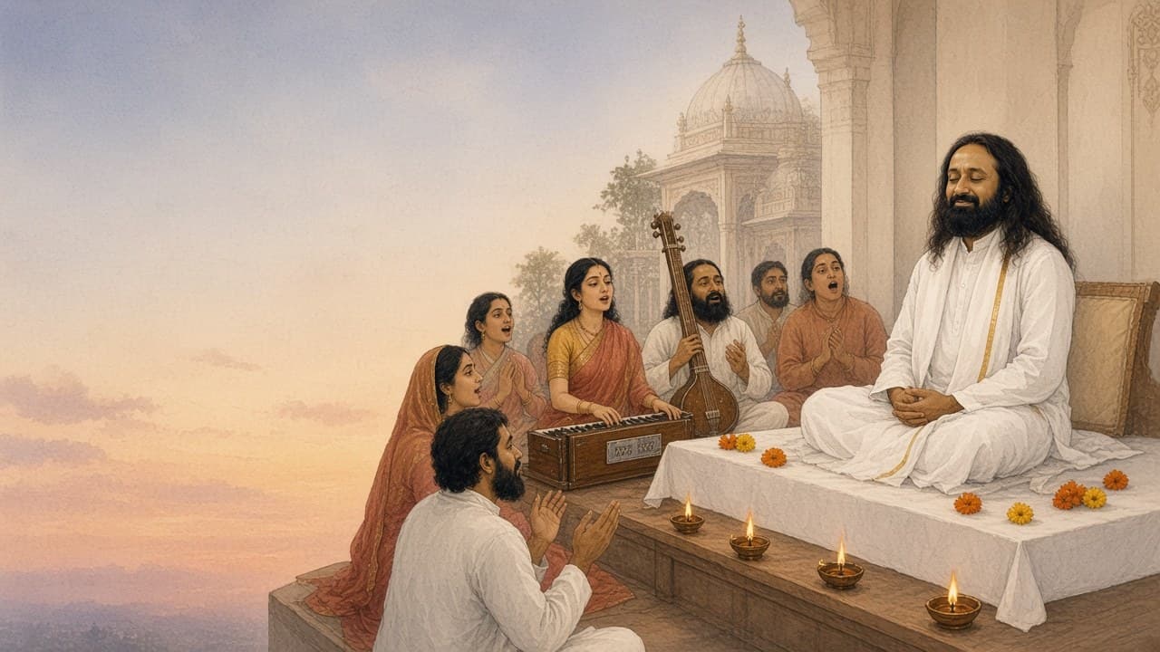 Painting of Gurudev Sri Sri Ravi Shankar meditating on stage while devotees sing