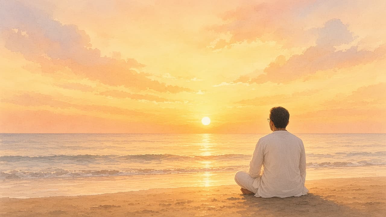 Kiran Shankar sitting on a beach at sunrise, seen from behind, looking out over the ocean