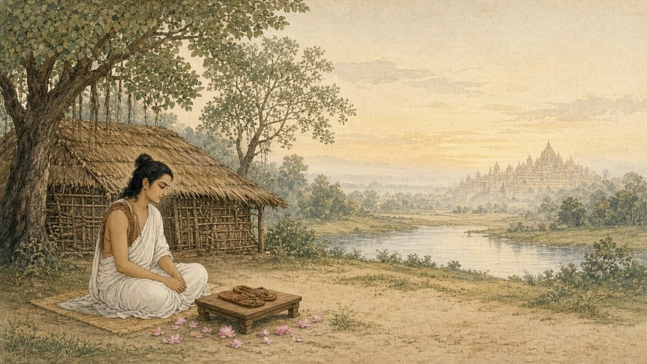 Bharata at Nandigram, sitting before Rama’s padukas outside Ayodhya